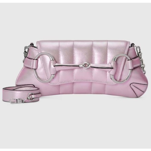 Gucci Women GG Horsebit Chain Small Shoulder Bag Pink Iridescent Quilted Leather Maxi Horsebit Style ‎764339 AAC31 5826