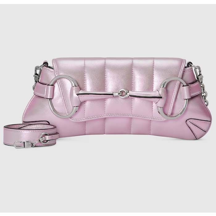 Gucci Women GG Horsebit Chain Small Shoulder Bag Pink Iridescent Quilted Leather Maxi Horsebit Style ‎764339 AAC31 5826