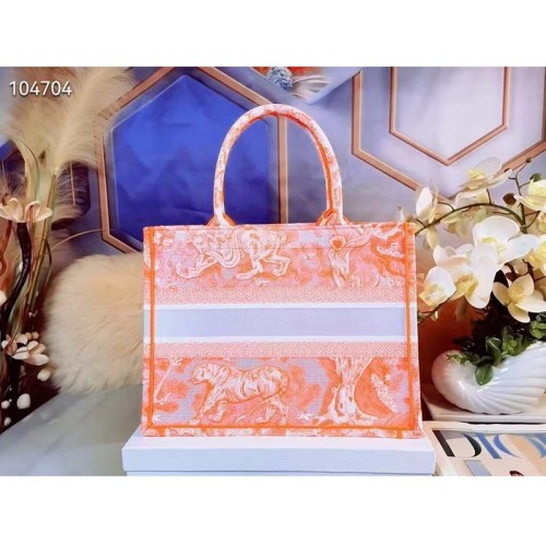 Dior Women CD Medium Book Tote Fluorescent Orange Toile De Jouy Reverse Embroidery