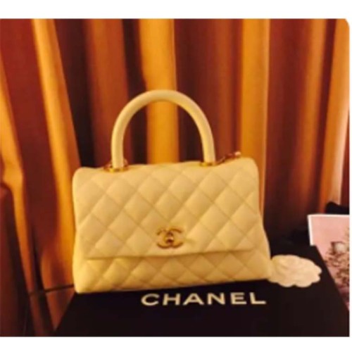 Chanel Women CC Quilted Handbag Yellow Calfskin Leather Gold-Tone Metal