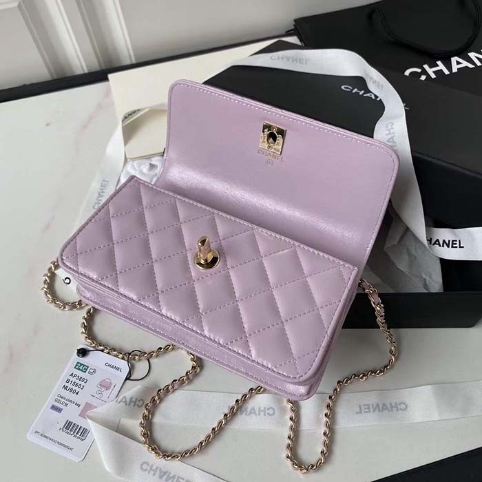 Chanel Women CC Wallet On Chain Shiny Lambskin Strass Light Pink