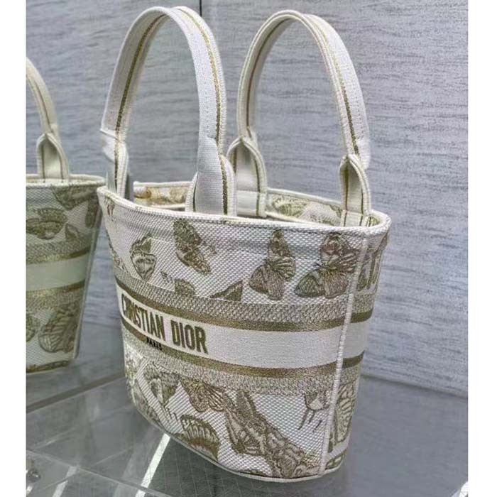 Dior Women CD Hat Basket Bag White Gold-One Gradient Butterflies Embroidery