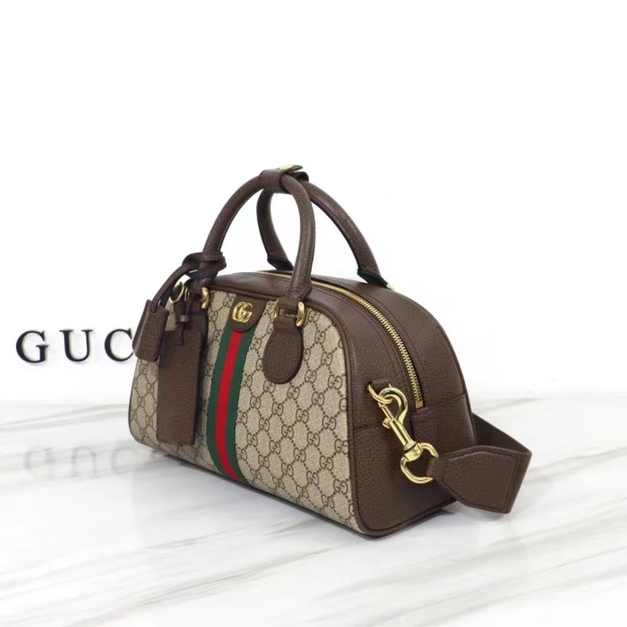 Gucci GG Unisex Savoy Medium Bowling Bag Beige Ebony GG Supreme Canvas Double G