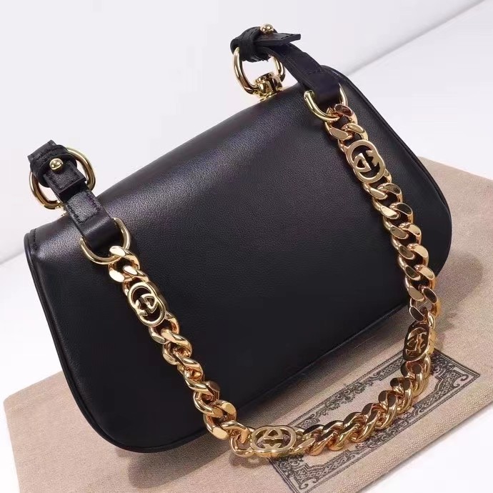 Gucci Women GG Blondie Mini Shoulder Bag Black Leather Round Interlocking G Chain