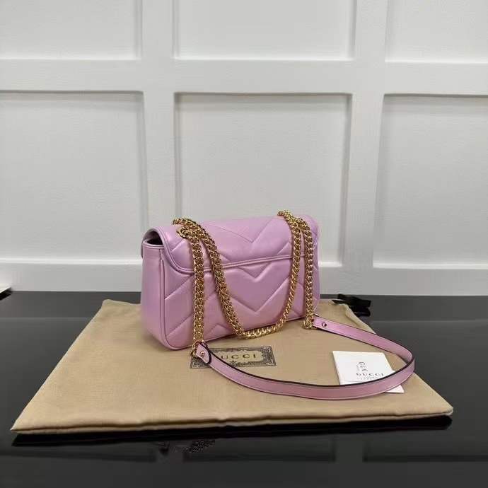 Gucci Women GG Marmont Small Shoulder Bag Pink Quilted Chevron Leather