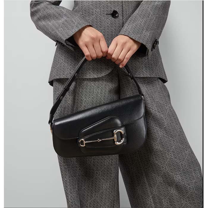 Gucci Women GG Gucci Horsebit 1955 Small Shoulder Bag Black Leather Flap Closure