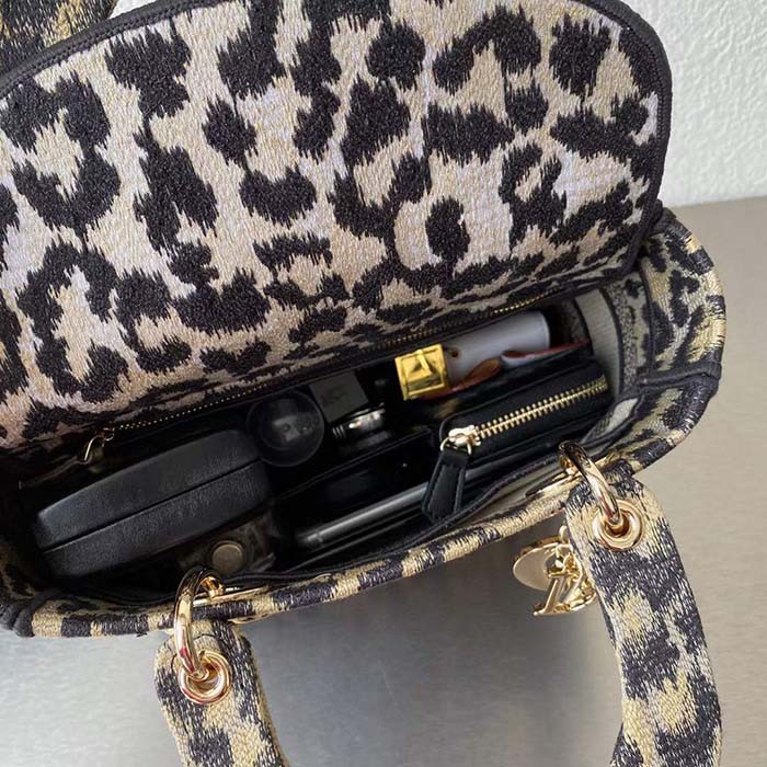 Dior CD Women Medium Lady D-Lite Bag Beige Black Mizza Embroidery