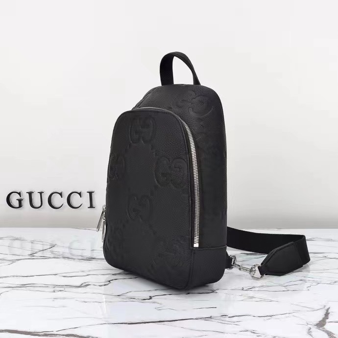 Gucci Unisex Jumbo GG Crossbody Bag Black Leather Padded Mesh Back