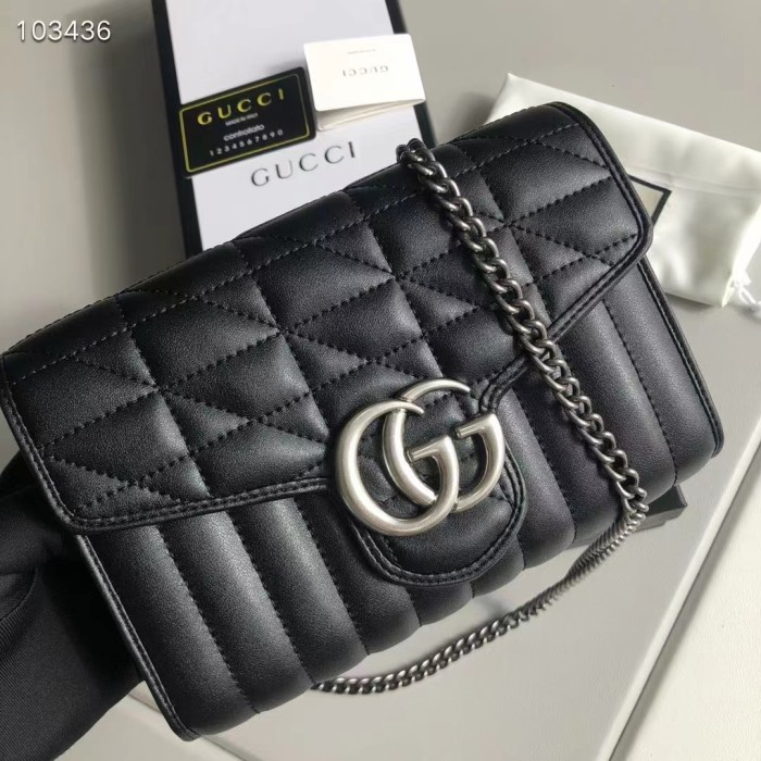 Gucci Women GG Marmont Matelassé Mini Bag Black Leather Double G