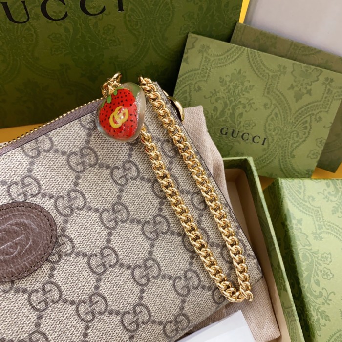 Gucci Unisex Wrist Wallet Double G Strawberry Beige Ebony GG Supreme Canvas