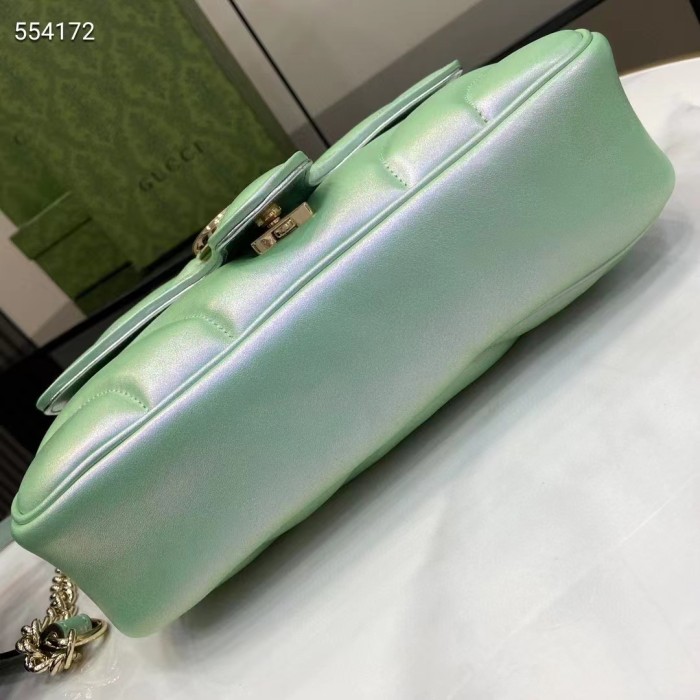 Gucci Women GG Marmont Small Shoulder Bag Green Iridescent Quilted Chevron Leather
