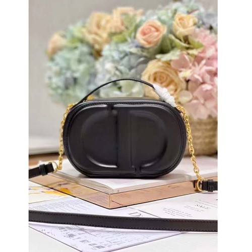 Dior Women CD Signature Oval Camera Bag Black Calfskin Embossed CD Signature