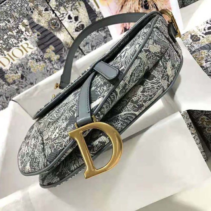 Dior Women Saddle Bag Toile DE Jouy Reverse Jacquard-Silver