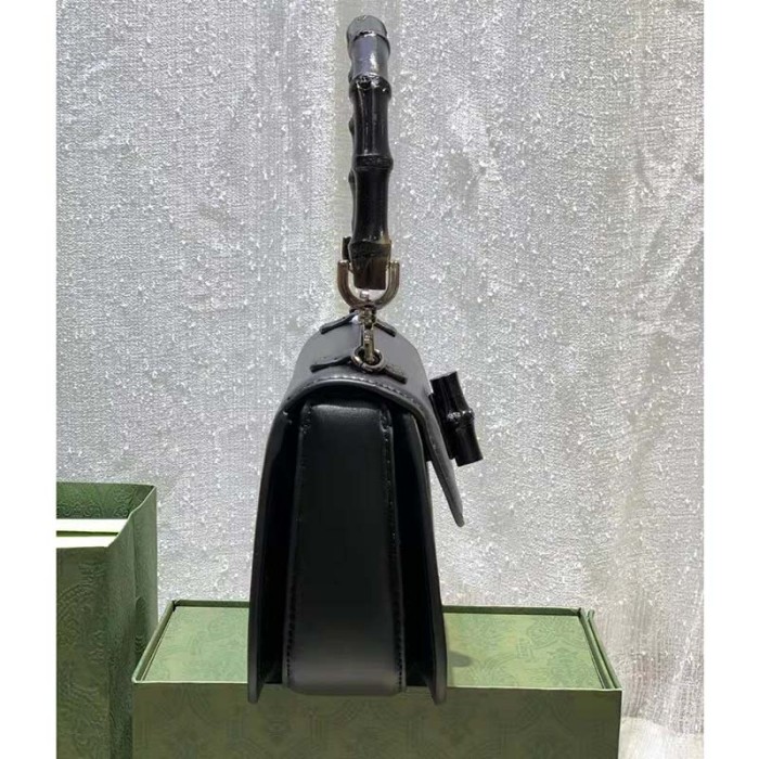 Gucci Women GG Small Top Handle Bag Bamboo Black Leather