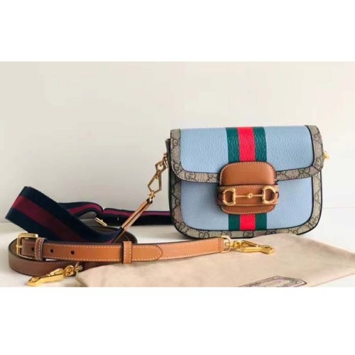 Gucci Women GG Horsebit 1955 Mini Bag Blue Leather Beige Ebony Supreme Canvas