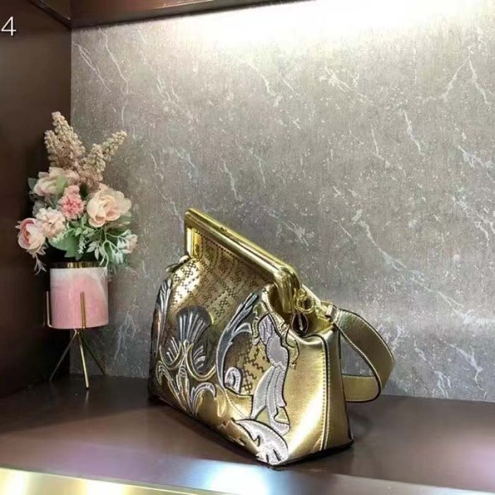 Fendi Women FF Fendi First Medium Fendace Gold-Colored Leather Bag Appliqués