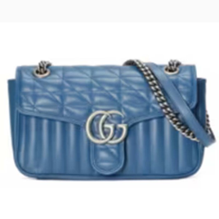 Gucci Women GG Marmont Small Shoulder Bag Blue Matelassé Leather Double G