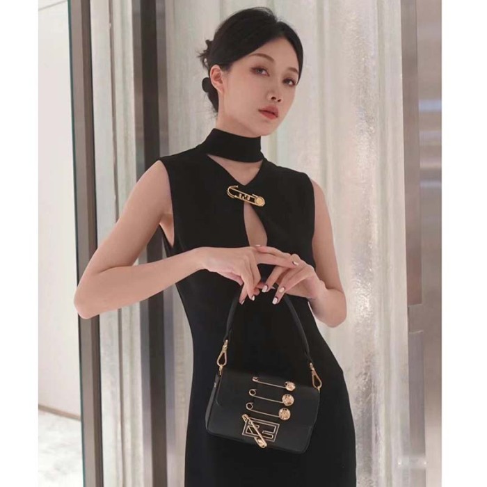 Fendi Women FF Brooch Mini Baguette Fendace Black Leather Bag