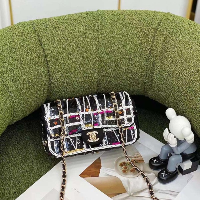 Chanel Women CC Only 1 Bag Set Of 4 Minis Bags Black Lambskin Sequins Glass Pearls