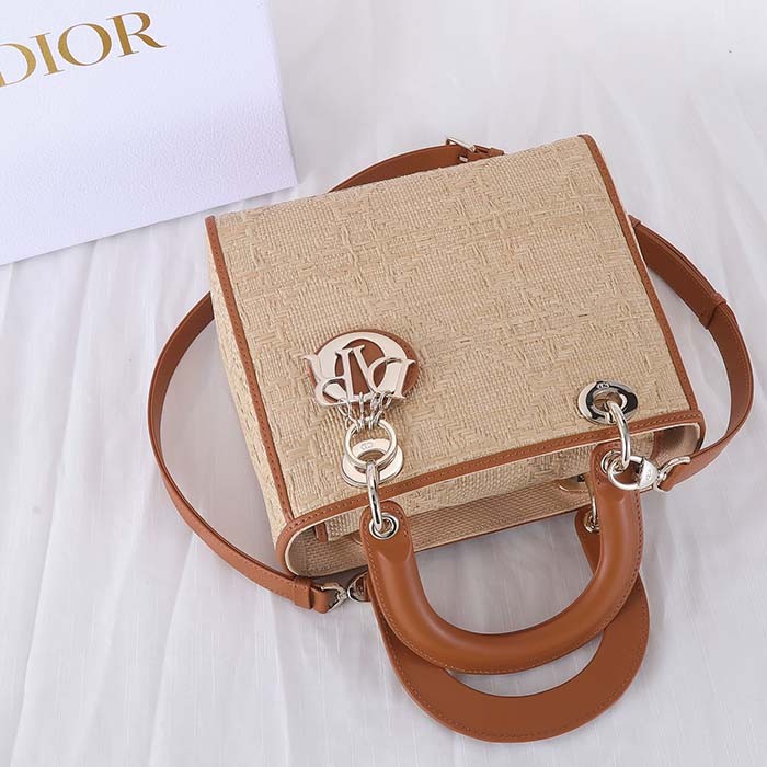 Dior Women CD Medium Lady Dior Handbag Natural Cannage Raffia