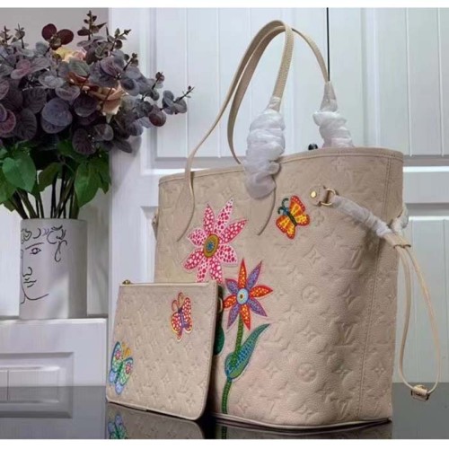 Louis Vuitton LV Unisex LV x YK Neverfull MM Quartz Embossed Grained Monogram Empreinte Cowhide Leather