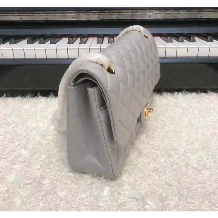 Chanel Women CC Large Classic Handbag Lambskin Gold-Tone Metal Dark Gray