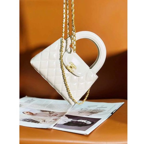 Chanel Women CC Mini Shopping Bag Shiny Crumpled Calfskin Gold Metal White