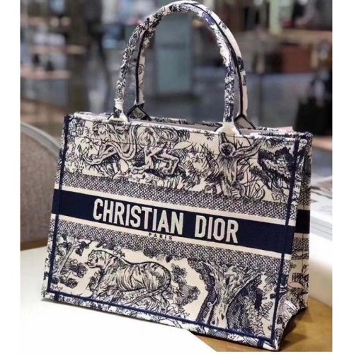 Dior Unisex CD Medium Book Tote Navy Blue Toile De Jouy Embroidery