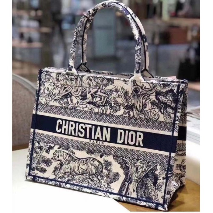 Dior Unisex CD Medium Book Tote Navy Blue Toile De Jouy Embroidery