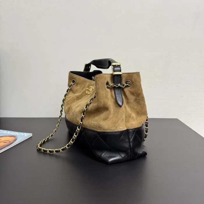 Chanel Women Small Shopping Bag Suede Calfskin Shiny Lambskin Gold Tone Metal