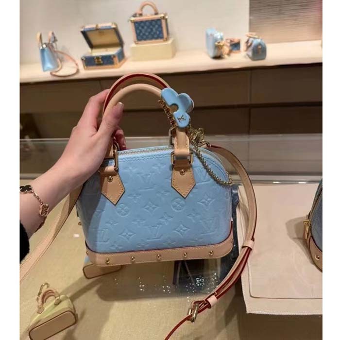 Louis Vuitton LV Women Alma BB Handbag Sky Blue Monogram Vernis Embossed Cowhide Leather M24062