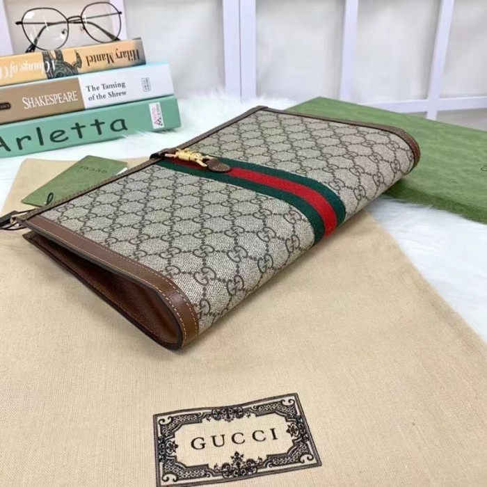 Gucci Unisex GG Jackie 1961 Pouch Beige Ebony GG Supreme Canvas Zipper Closure