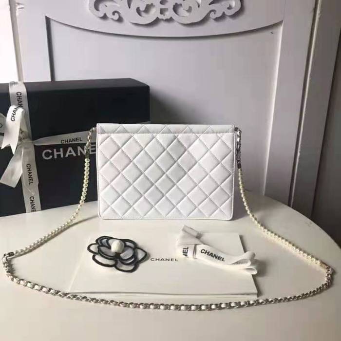 Chanel Women Flap Bag White Ringer Pearl in Goatskin Leather