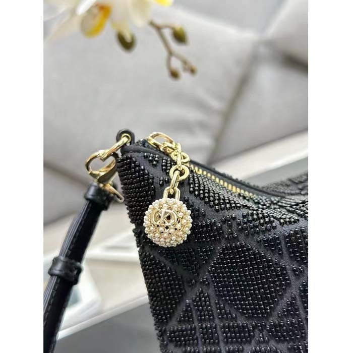 Dior Women CD Dior Dream Bag Black Cannage Cotton Bead Embroidery