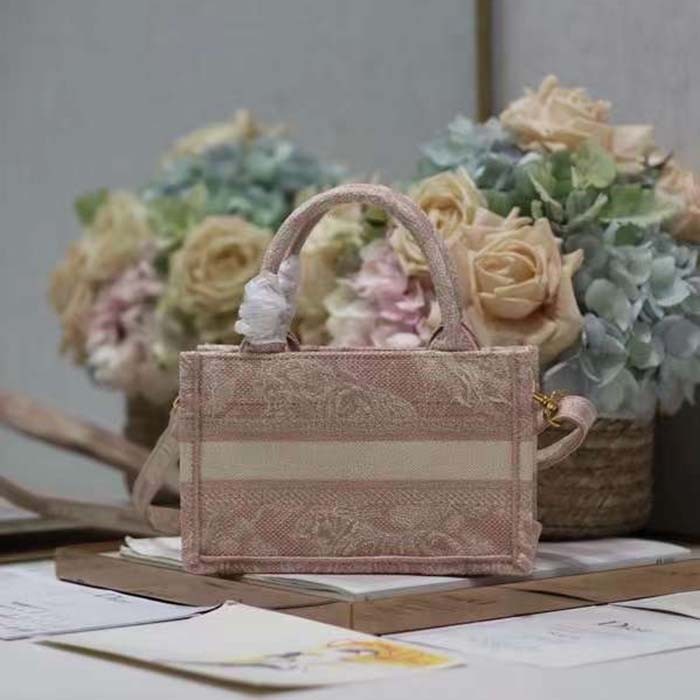 Dior Women Mini Dior Book Tote Strap Pink Toile De Jouy Reverse Embroidery
