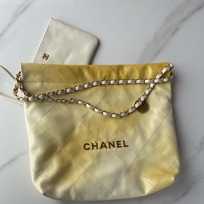 Chanel Women CC 22 Handbag Pearly Shaded Calfskin Gold-Tone Metal Ecru Golden