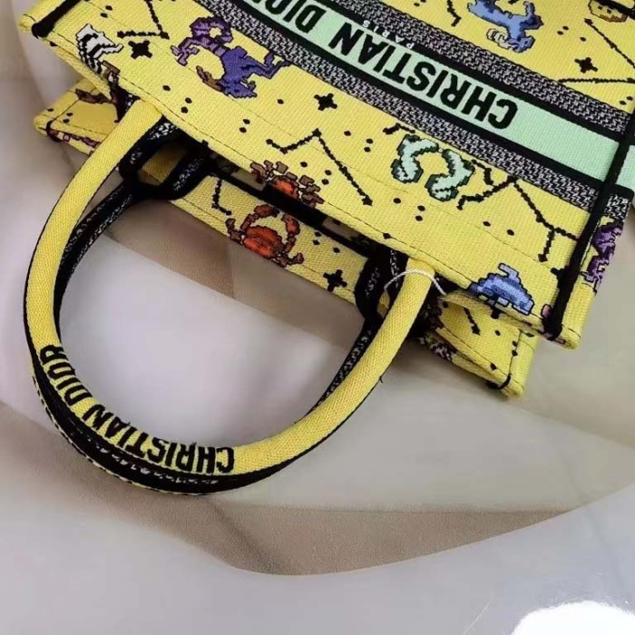 Dior Unisex CD Small Book Tote Yellow Multicolor Dior Pixel Zodiac Embroidery