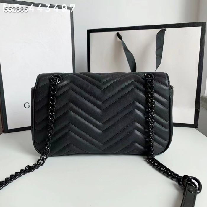 Gucci Women GG Marmont Small Shoulder Bag Black Matelassé Chevron Leather Interior Zipper Pocket