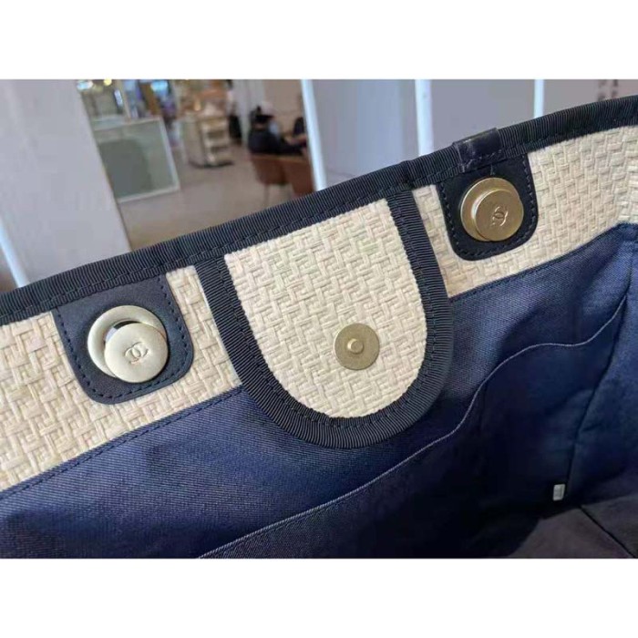 Chanel Women Large Shopping Bag Straw Calfskin & Gold-Tone Metal Beige & Black