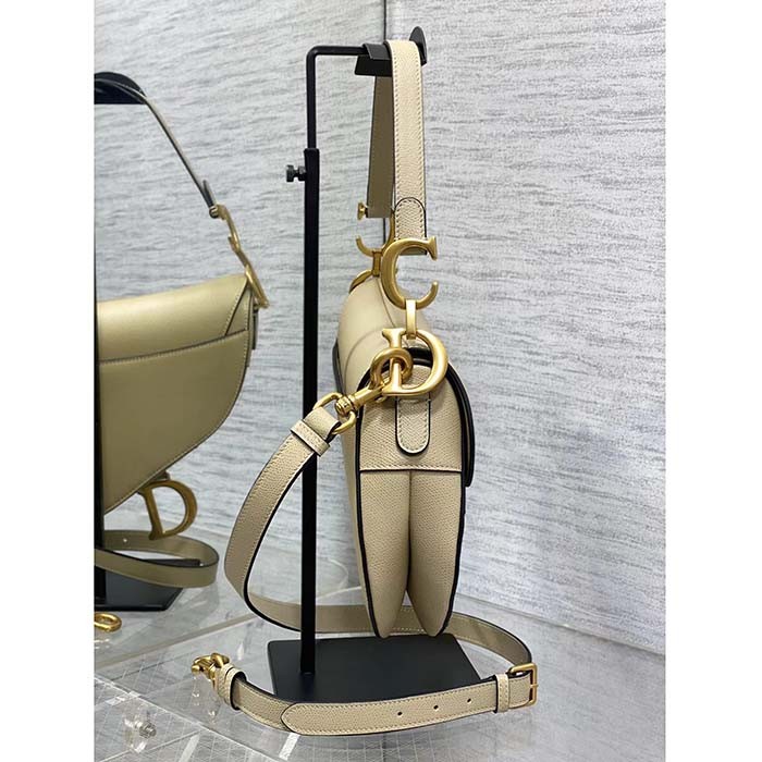 Dior Women Saddle Bag Strap Sand-Colored Grained Calfskin CD Signature Interior Back Pocket