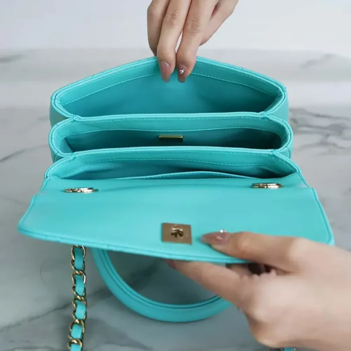 Chanel Women Mini Flap Bag with Top Handle Lambskin-Light Blue