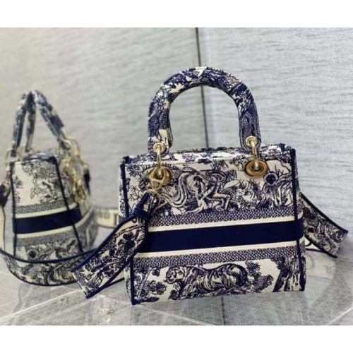 Dior Women CD Medium Lady D-Lite Bag Blue Toile De Jouy