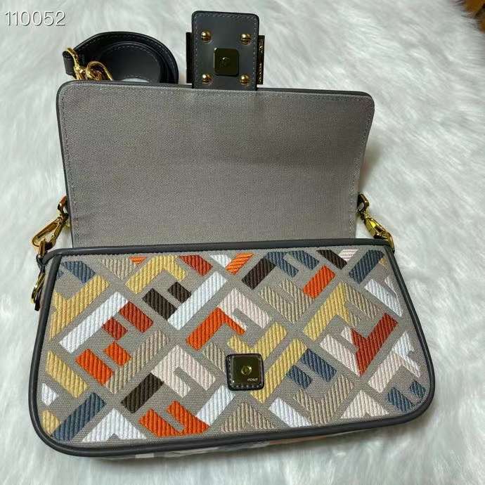 Fendi Women FF Baguette Brooch Multicolor Canvas Bag FF Embroidery