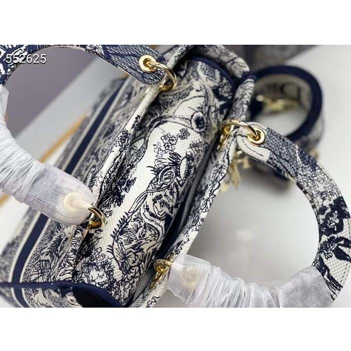 Dior Women CD Medium Lady D-Lite Bag Blue Toile De Jouy Embroidery