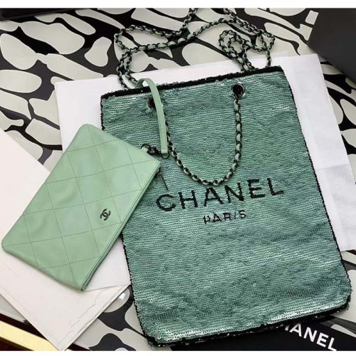 Chanel Women CC Shopping Bag Sequins Black Metal Green Black