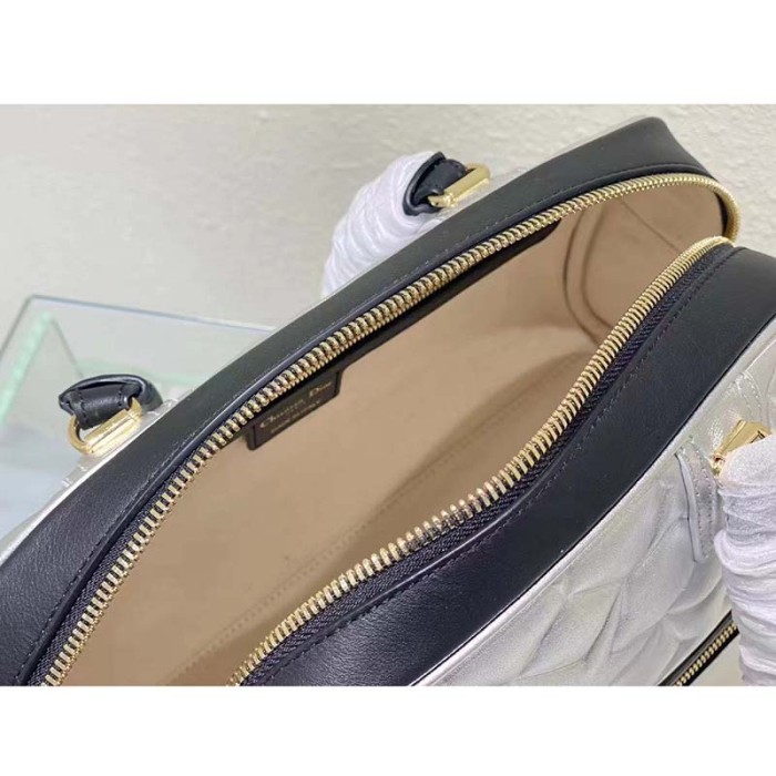 Dior Women CD Medium Vibe Zip Bowling Bag Black Silver Padded Étoile Calfskin