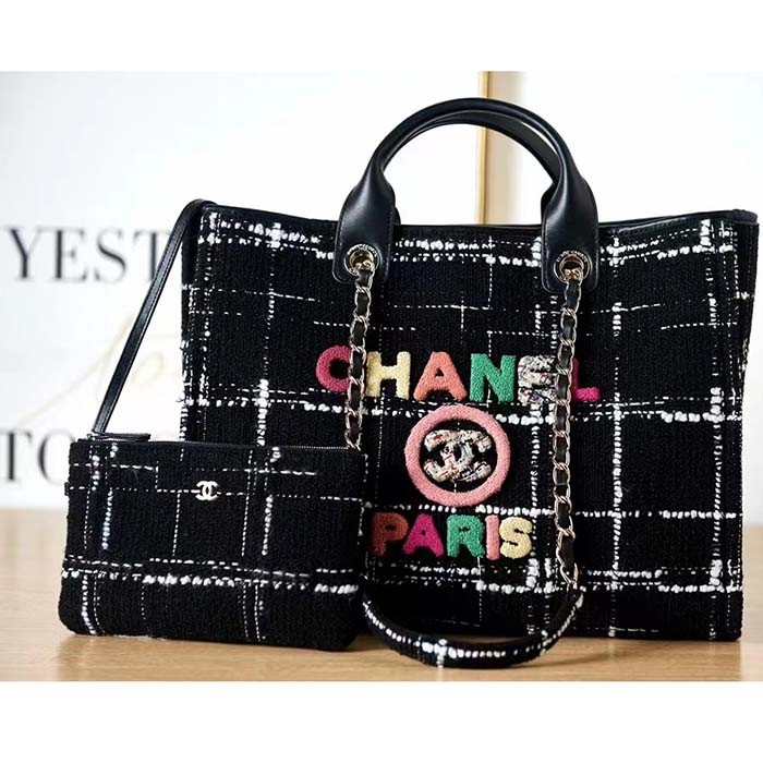 Chanel Women CC Large Shopping Bag Wool Tweed Gold-Tone Metal Black White
