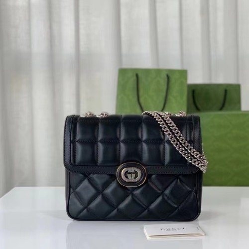 Gucci Women GG Deco Small Shoulder Bag Black Quilted Leather