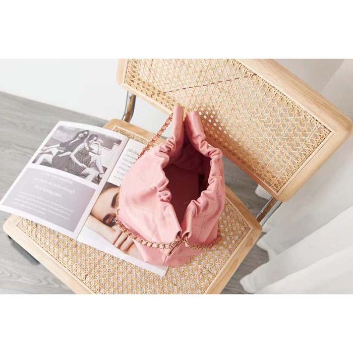 Chanel Women 22 Small Handbag Shiny Calfskin Gold-Tone Metal Coral Pink