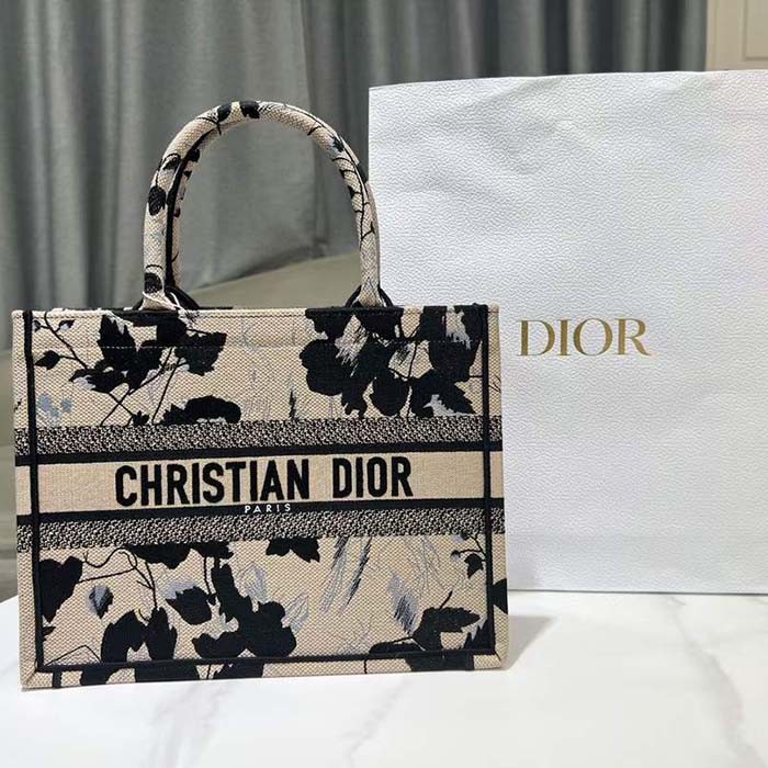 Dior Women CD Medium Dior Book Tote Beige Black Fleurs Mystiques Embroidery